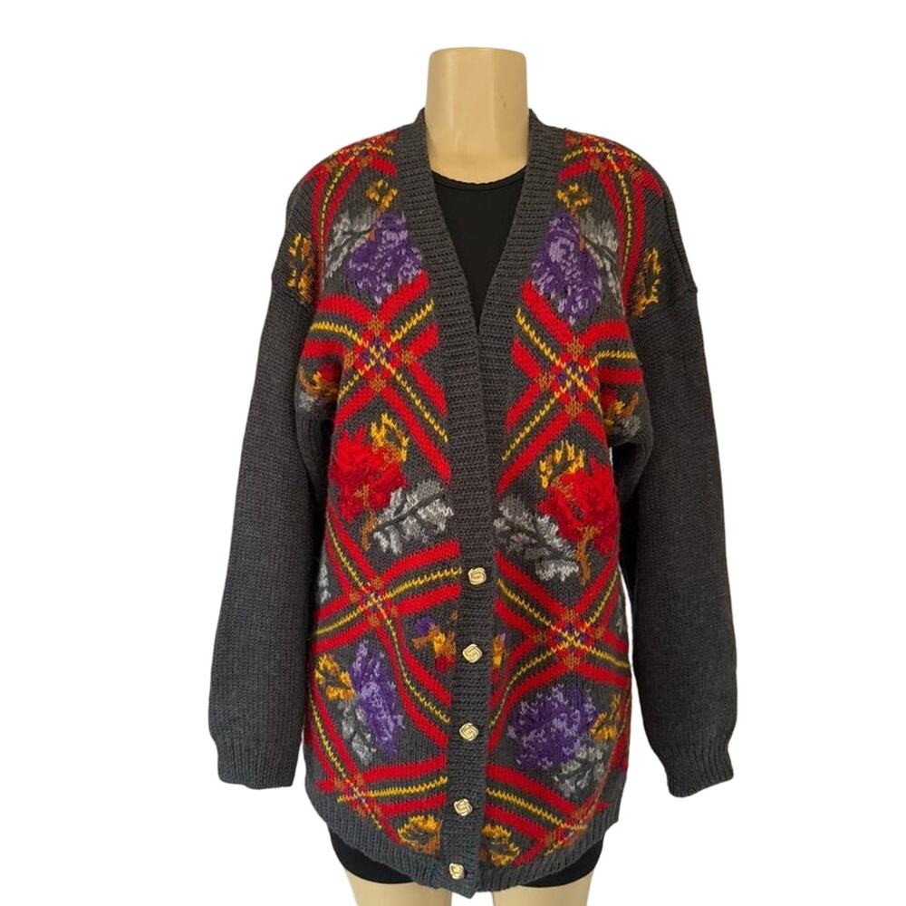 Vintage SK & Company Wool Blend Floral Duster Cardigan Sweater L Boho 80s